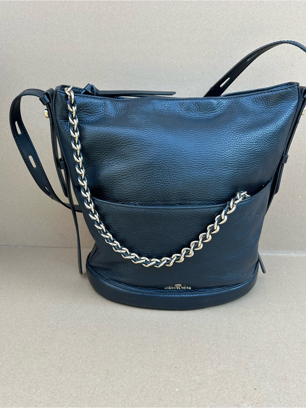 Michael Kors Reese Pebbled Leather Shoulder Tote Bucket Bag Chain Large Black